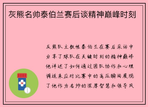 灰熊名帅泰伯兰赛后谈精神巅峰时刻