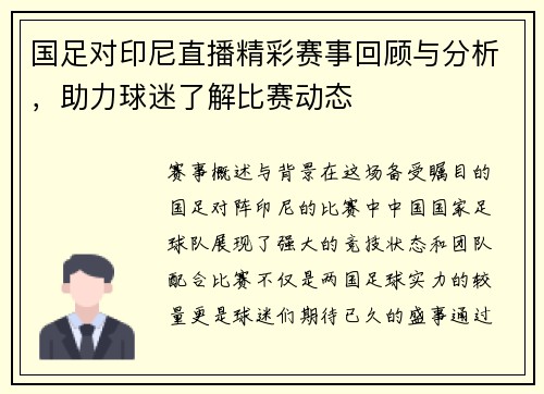 国足对印尼直播精彩赛事回顾与分析，助力球迷了解比赛动态